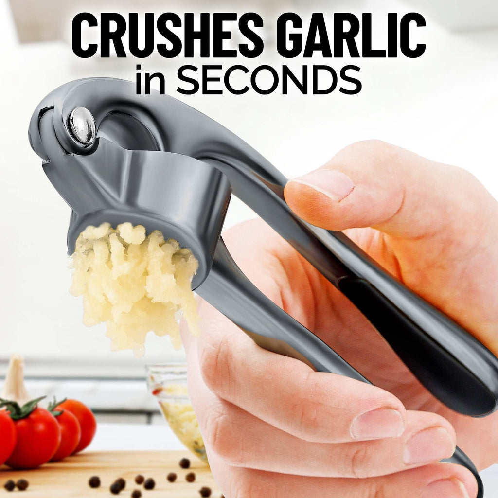 Zulay Kitchen Premium Garlic Press Set - Rust Proof Professional Garlic Mincer Tool - Easy-Squeeze, Easy-Clean with Soft, Ergonomic Handle - Silicone Garlic Peeler & Brush (Silver)