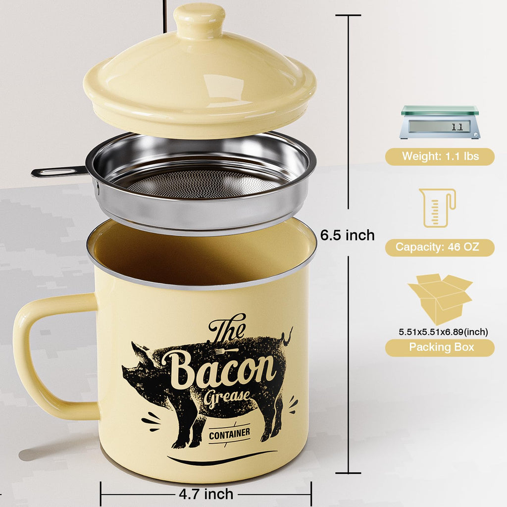 PGYARD Mini Bacon Grease Container With Strainer - 15OZ Enamel Grease Saver, Farmhouse Bacon Grease Keeper For Kitchen Fat Storage, Dishwasher Safe-Red