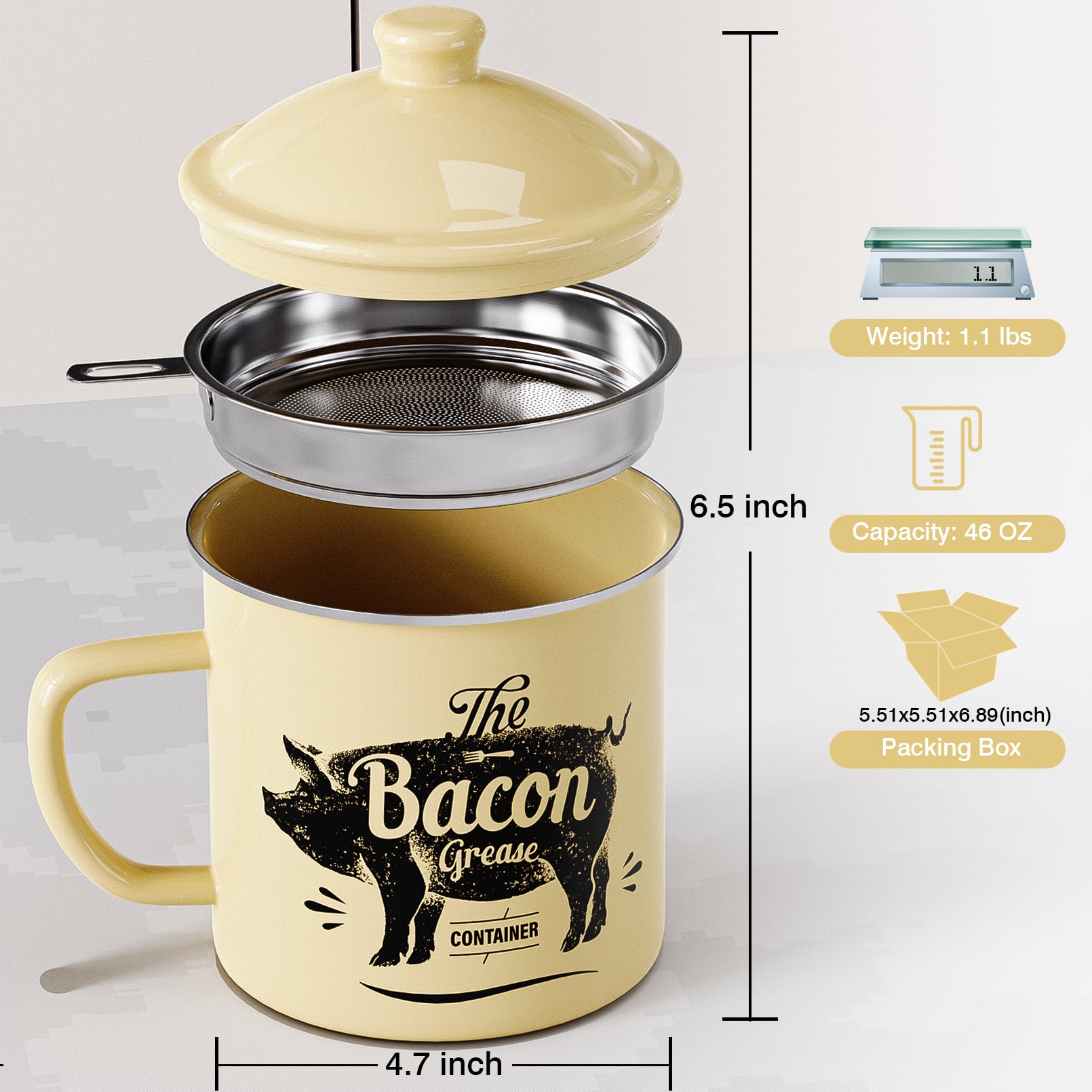 PGYARD Mini Bacon Grease Container With Strainer - 15OZ Enamel Grease Saver, Farmhouse Bacon Grease Keeper For Kitchen Fat Storage, Dishwasher Safe-Red