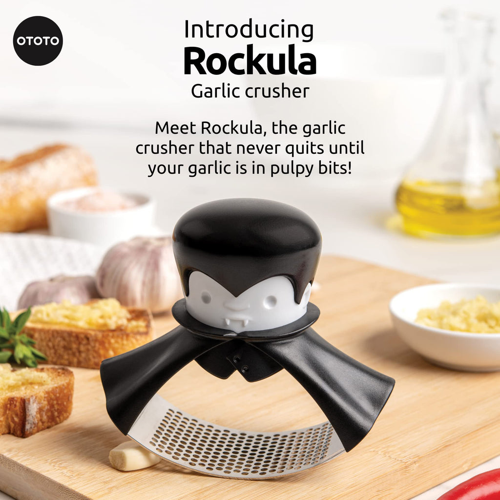 OTOTO Gracula Garlic Crusher, Garlic Mincer, Also for Ginger, Nuts, Chili, Herbs - Twist Top Mincer & Easy Squeeze Manual Press Peeler, Goth Gifts