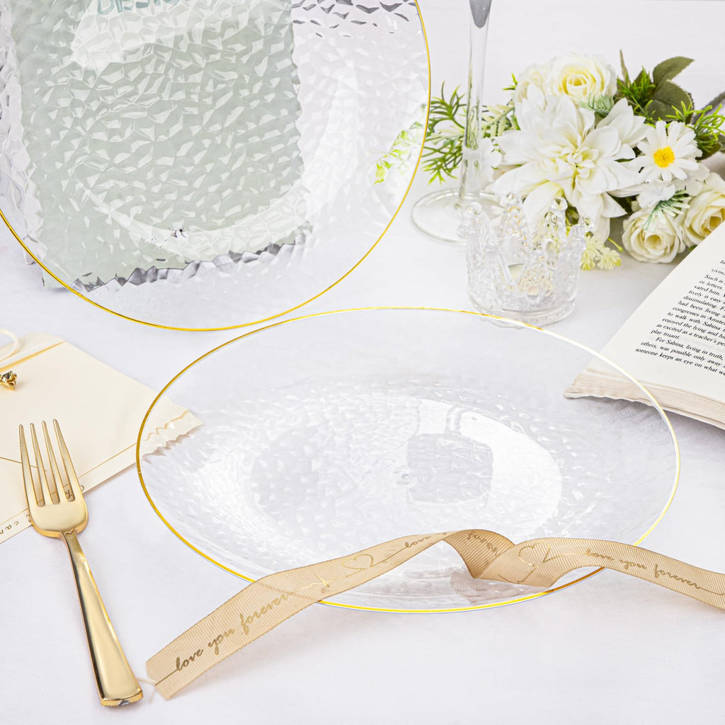DaYammi 100 Pcs Clear Gold Plastic Plates, Hammered Party Plate, Fancy Plastic Plates Disposable Clear Disposable Dessert Platos, 7 Inch Heavy duty Plastic Dessert Platos for Party & Wedding