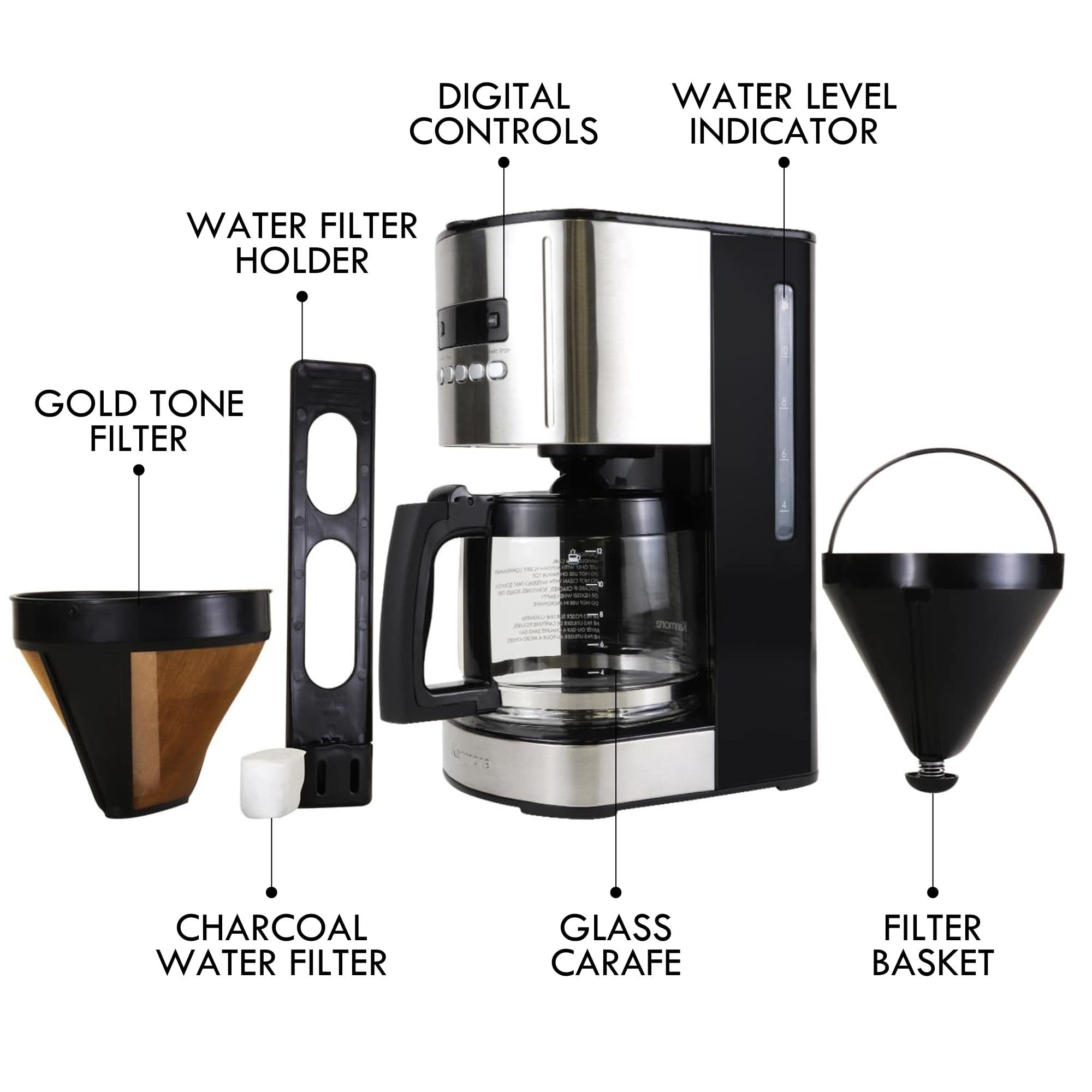Kenmore Drip Coffee Maker - Programmable Cafe Machine With Glass Pot, Regular & Bold Brew, Auto Shut Off Large Water Reservoir, Reusable Filter, Kitchen Appliances For Cafeteria Barista, 12 Cup Black