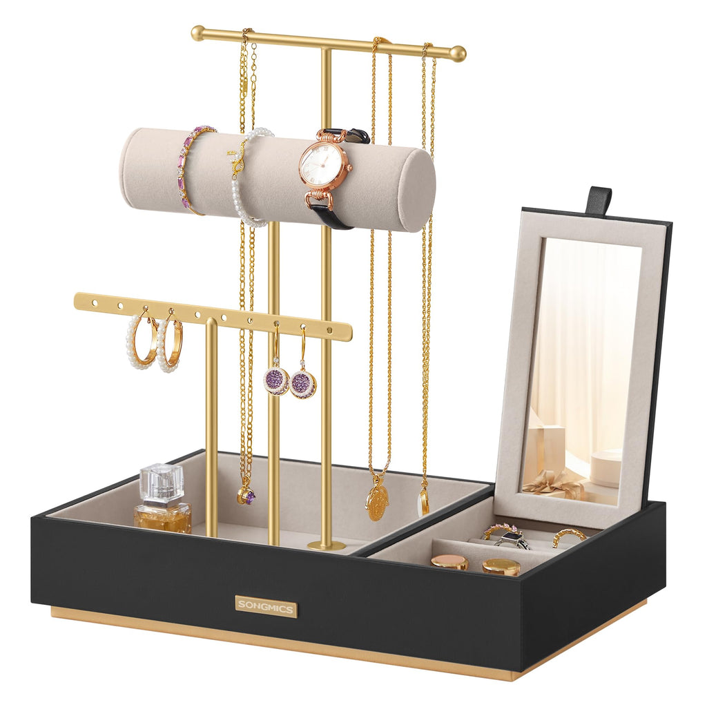 SONGMICS Jewelry Holder, Jewelry Organizer, Jewelry Display Stand, Metal Earring Organizer with Mirror, with Necklace Earring Bracelet Holder, for Rings, Gift Idea, Black and Gold UJJS022B01