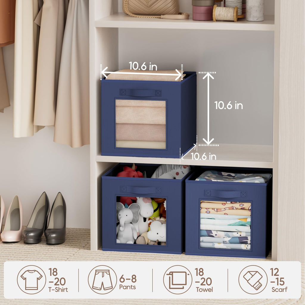 Homsorout Storage Cube 11 Inch - Cube Storage Bins with Window, Closet Storage Baskets with Handle, Fabric Bins for Closet, Shelves, Toys, Clothes, Set of 6, Grey