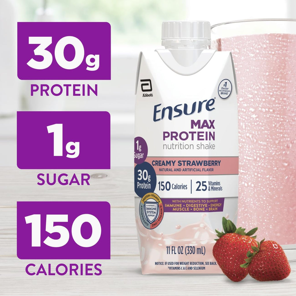 Ensure Max Protein Shake | French Vanilla | Ready to Drink | 30g Protein for Muscle Health | 1g Sugar, 4g Fiber | 11 fl oz, 12 Pack