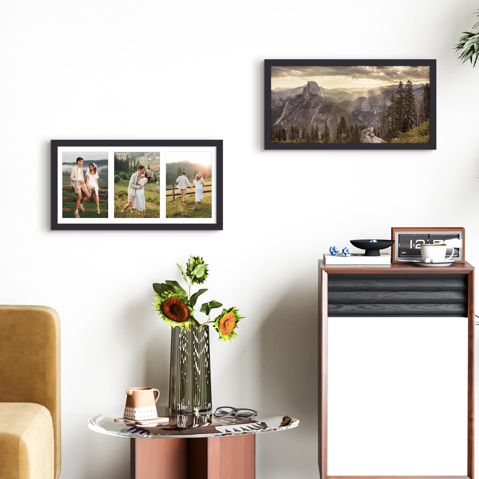 upsimples 8x16 Collage Picture Frame, Display Pictures 3 5x7 with Mat or 8x16 Without Mat, Wall Hanging 3 5x7 Picture Frame Collage Wall Decor, Black, 1 Pack
