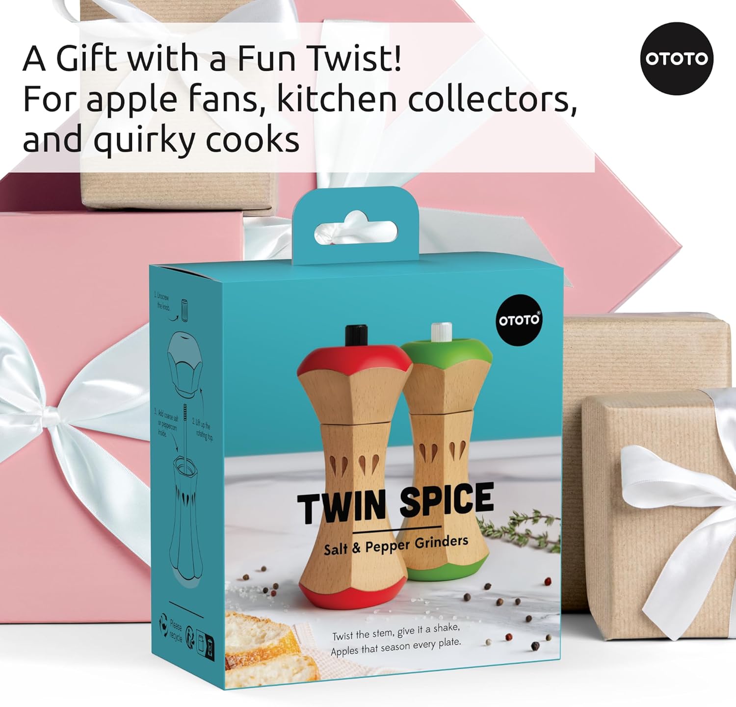 OTOTO Twin Spice Salt and Pepper Grinder Set - Apple-Designed Unique Kitchen Gadgets, Cute Kitchen Accessories, Pepper Spice Grinder, Salt and Pepper Shakers Set, Apple Gift, Kitchen Cooking Gifts