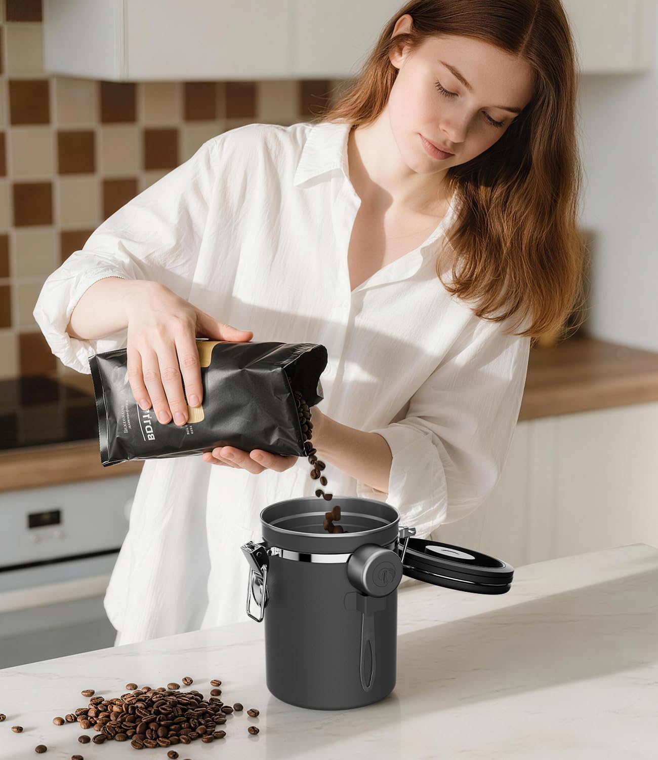 Coffee Gator Stainless Steel Canister - Medium 16oz, Gray Coffee Grounds and Beans Container with Date-Tracker, CO2-Release Valve, and Measuring Scoop - Ideal Coffee Lovers Gifts