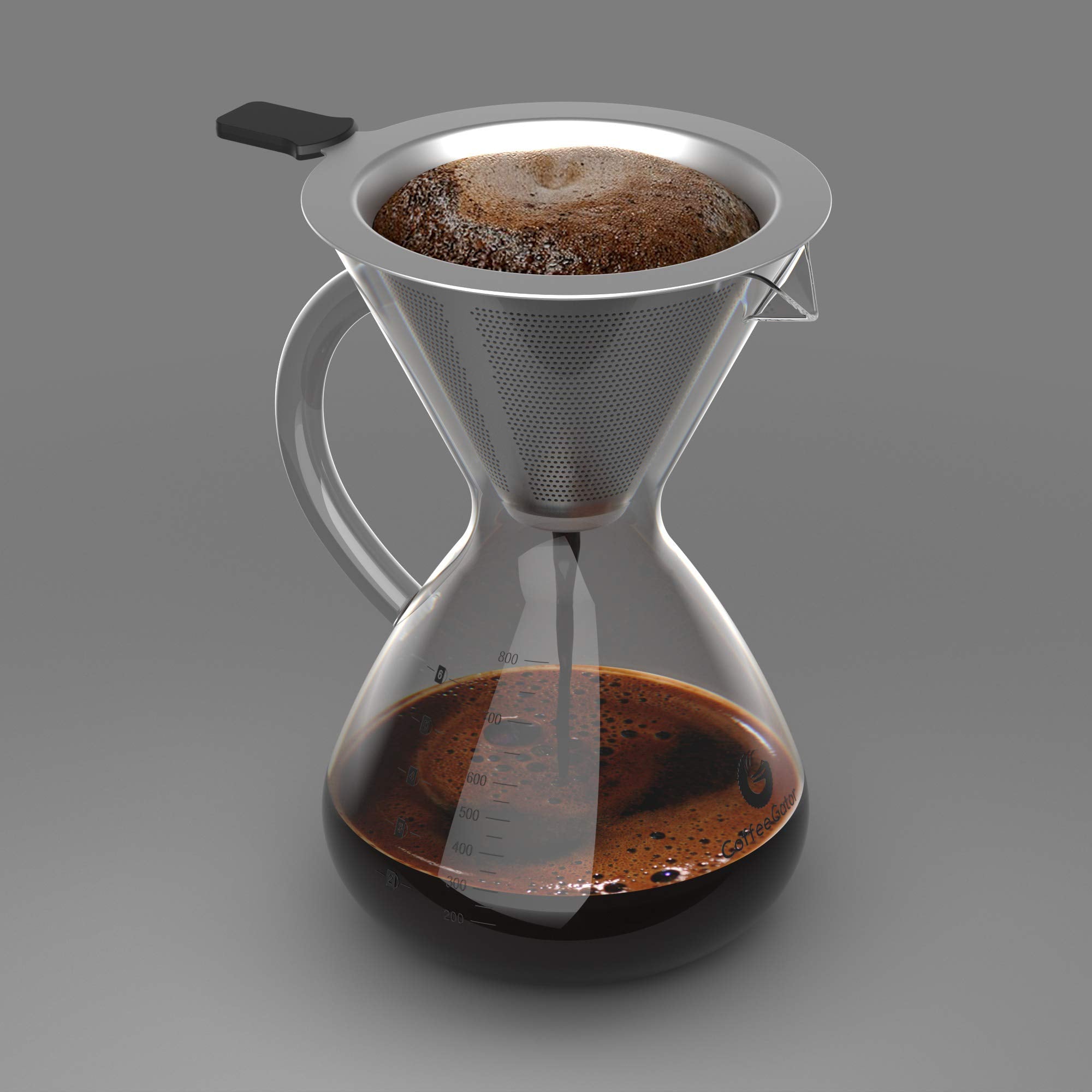 Coffee Gator Pour Over Coffee Maker - 27oz High Heat Borosilicate Glass with Reusable Stainless Steel Filter, Drip Coffee Brewer Dripper Set Carafe, 800ml Clear