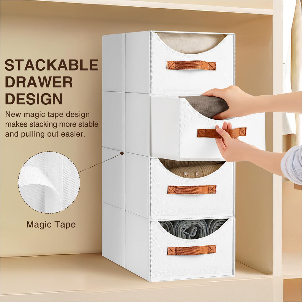 Homsorout Stackable Storage Drawers - Collapsible Storage Bins with Drawers, 4 Pack Closet Shelf Organizer Basket, Fabric Pull Out Organizer for Bedroom, Living Room, Dorm, Beige