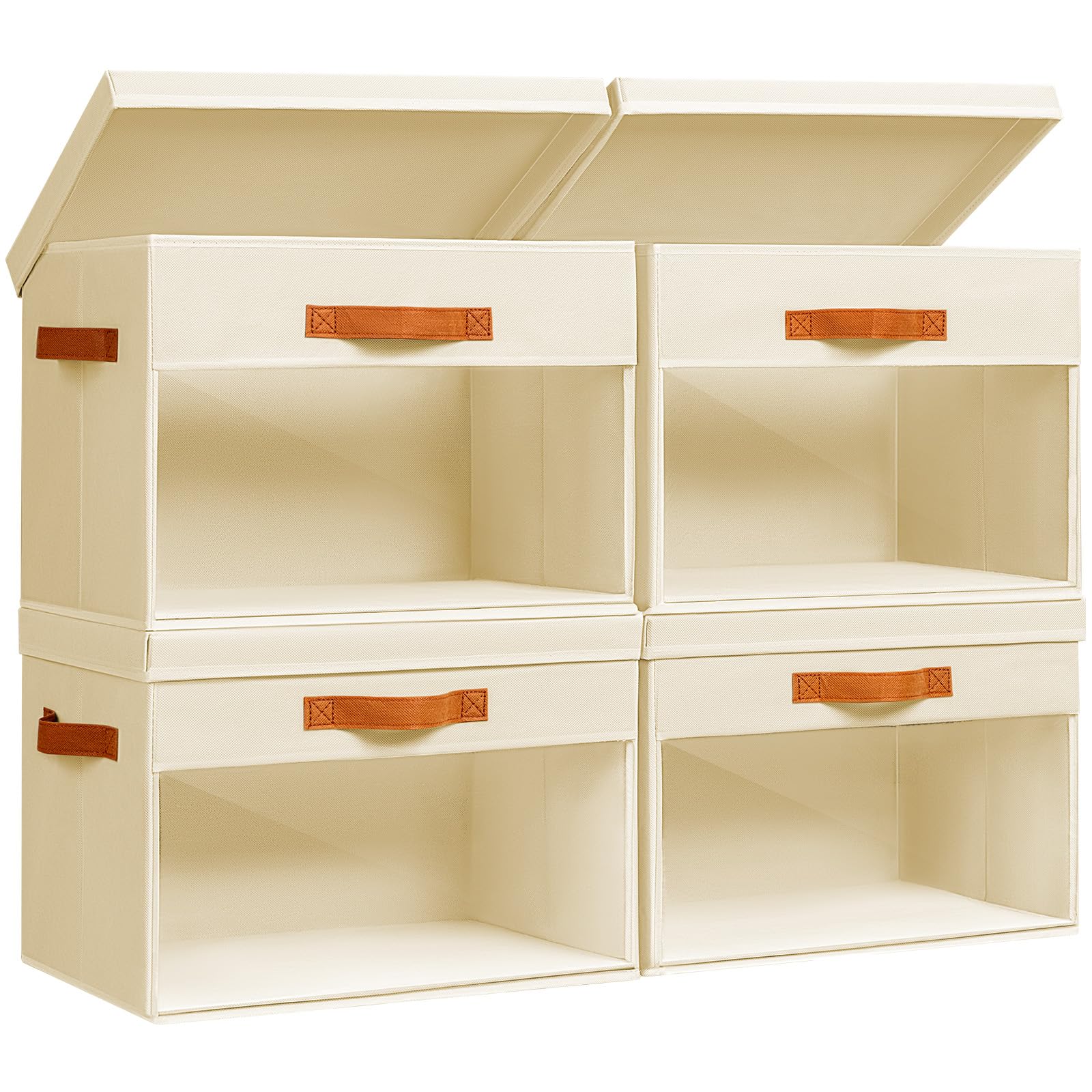 Homsorout Large Storage Bins with Lids - 4 Pack Foldable Decorative Organizers with Clear Windows & Handles, Cube Storage Organizers for Clothes, Blankets, Sweaters, Sheets, Beige