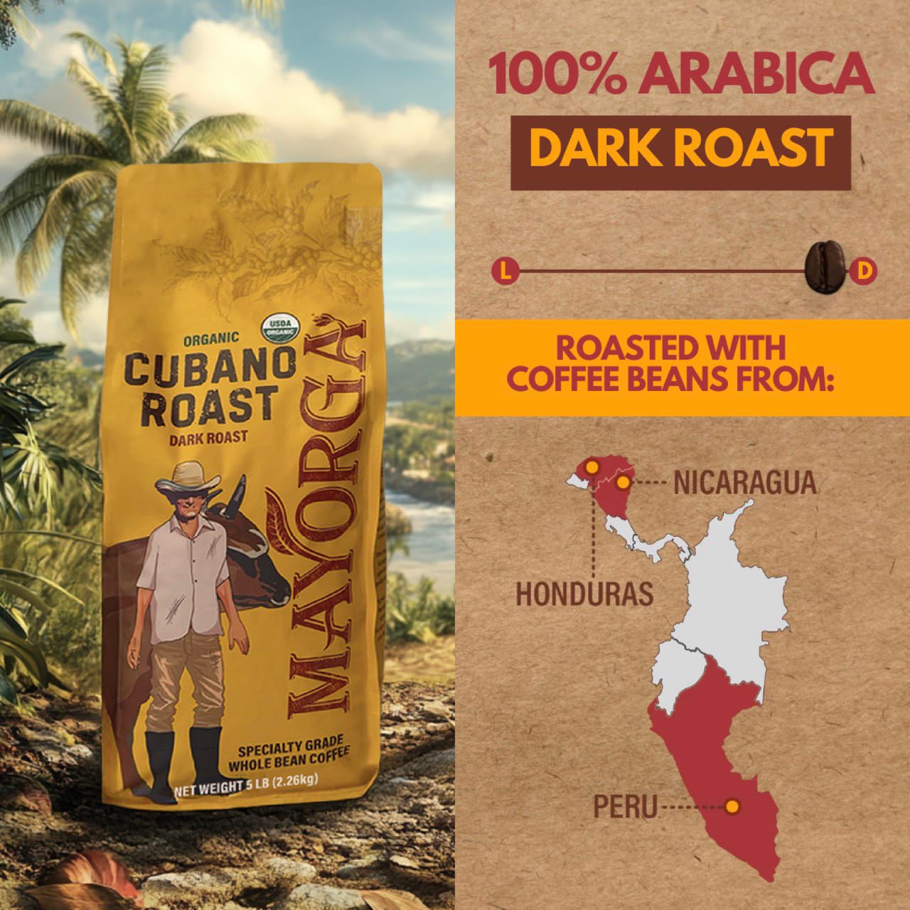 Mayorga Organic Coffee 2lb Cafe Cubano Roast - Dark Roast Whole Bean Specialty Grade Coffee, 100% Arabica, Slow Roasted, Bold and Smooth Flavor with Low Acidity - USDA Organic, Non-GMO, Kosher