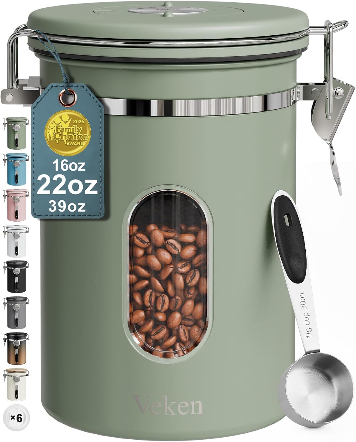 Veken Coffee Canister with Window,Airtight Stainless Steel Kitchen Food Storage Container, Date Tracker & Scoop for Grounds Coffee, Beans, Tea,Flour,Cereal,Sugar,22OZ,Copper