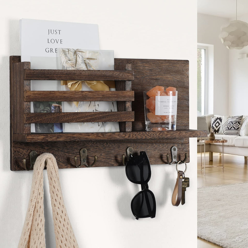 Key & Mail Holder for Wall - Rustic Natural Paulownia Wood, 4 Double-Hook Hangers - Wall Mounted Organizer for Decor, Bags, Accessories - Hardware & Manual Included (Brown)