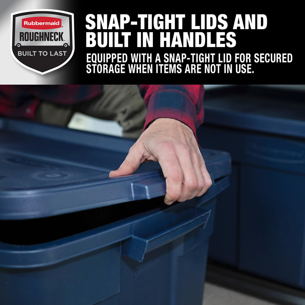 Rubbermaid Roughneck Tote 14 Gal, 6 Pack, Made in USA, Dark Indigo Metallic, Rugged Plastic Stackable Storage Bins with Lids and Handles
