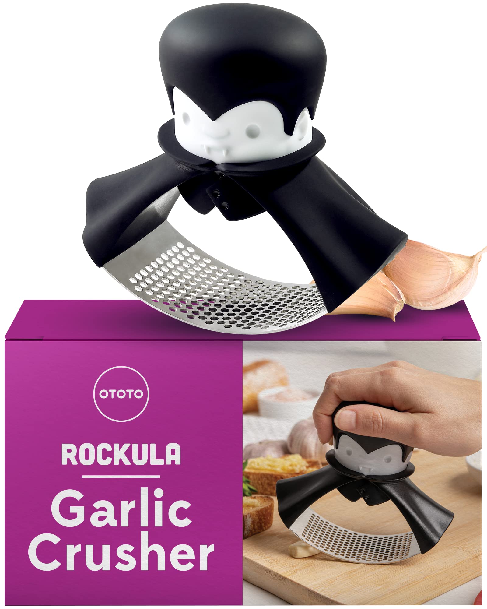 OTOTO Gracula Garlic Crusher, Garlic Mincer, Also for Ginger, Nuts, Chili, Herbs - Twist Top Mincer & Easy Squeeze Manual Press Peeler, Goth Gifts