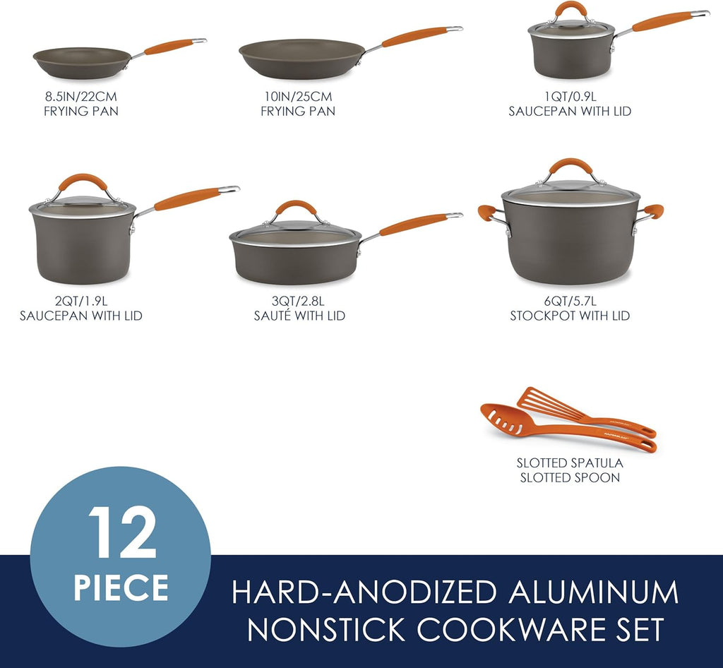 Rachael Ray - 16802 Rachael Ray Cucina Nonstick Cookware Pots and Pans Set, 12 Piece, Sea Salt Gray