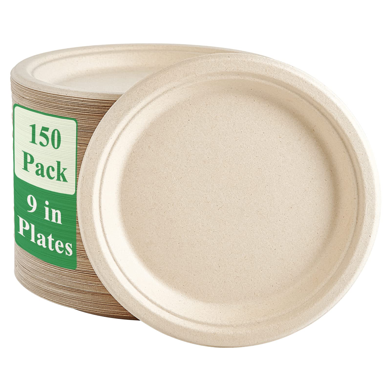 Vplus 150 Pack Paper Plates 9 inch 100% Compostable, Heavy-Duty Disposable Paper Plates Bagasse Natural Biodegradable Eco-Friendly Sugarcane