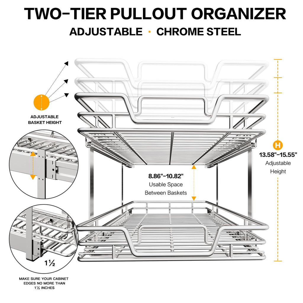 2-Tier Kitchen Cabinet,Pull Out Cabinet Organizer,Shelf and Drawer Organizer Slide Out Pantry Storaqe Basket in Multiple Sizes (12" W x21 D)