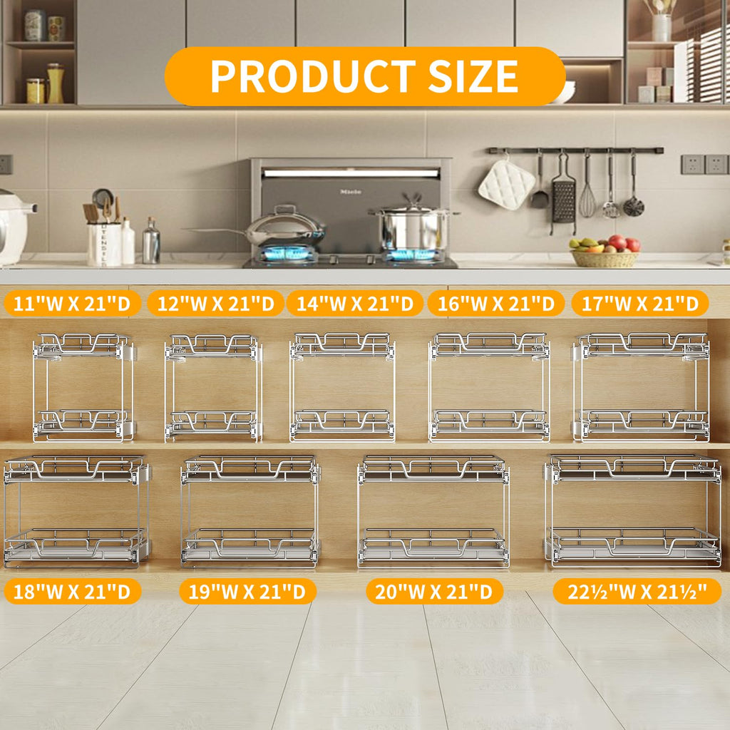 2-Tier Kitchen Cabinet,Pull Out Cabinet Organizer,Shelf and Drawer Organizer Slide Out Pantry Storaqe Basket in Multiple Sizes (12" W x21 D)