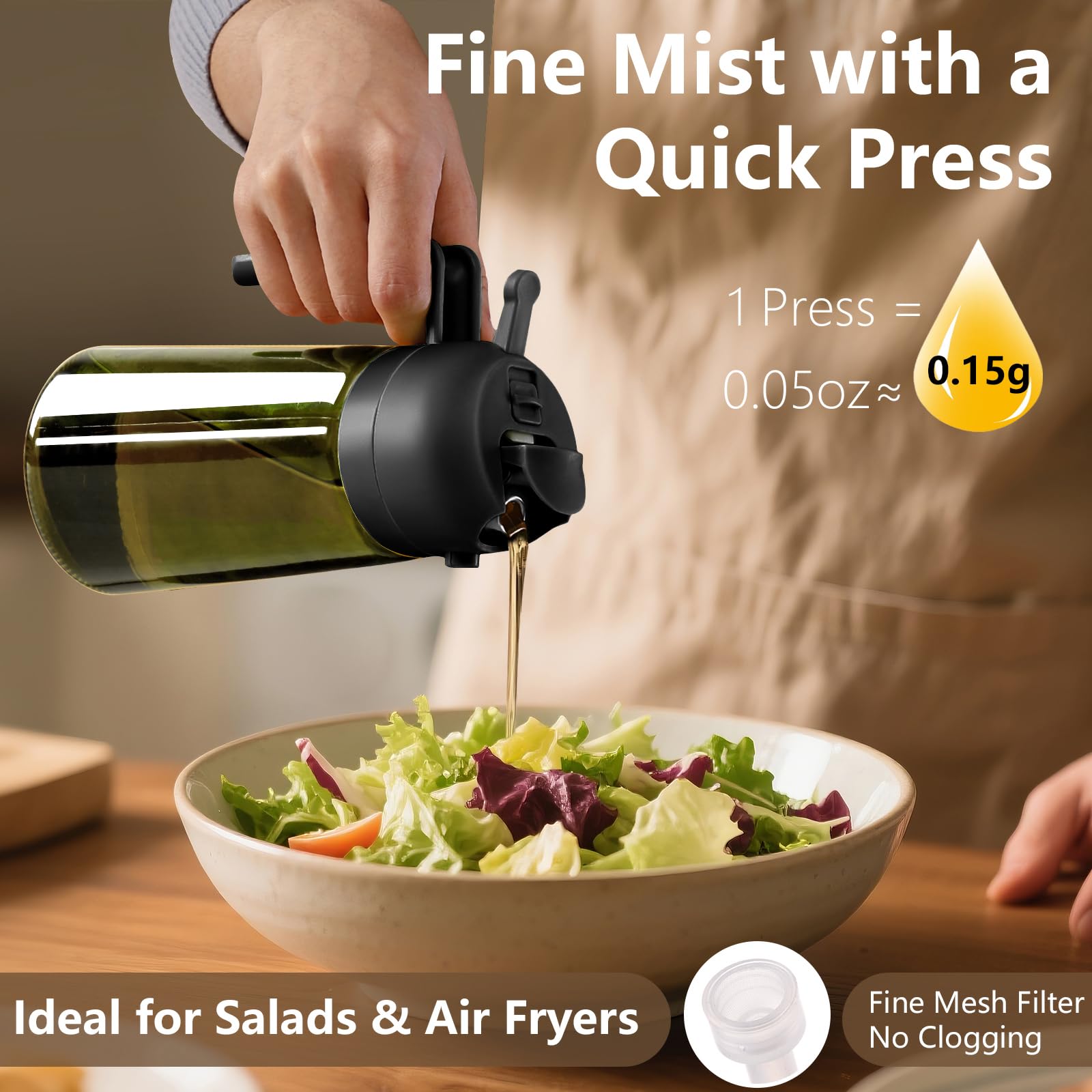 SWEET VIEW Olive Oil Dispenser and Oil Sprayer – 16oz/470ml Glass Light-Proof Oil Pourer for Kitchen, Air Fryer, Cooking, Salad, and BBQ