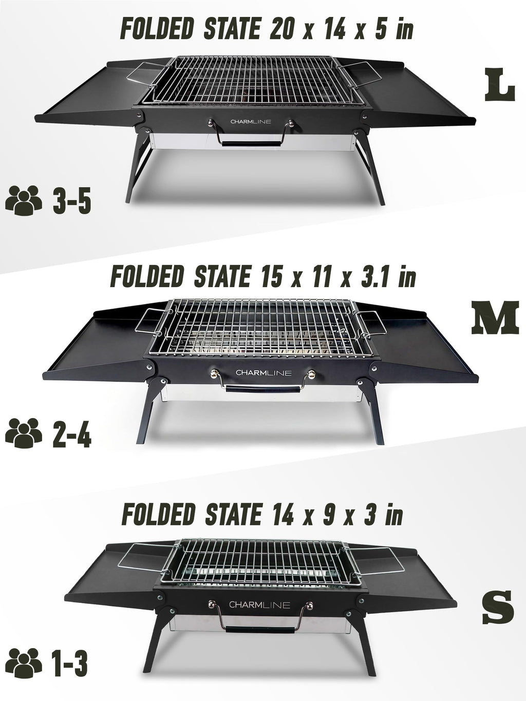 Charmline 14 x 9 inches Portable Charcoal BBQ Grill, Foldable Compact Camping Barbecue for 1–3 People, Ideal for Garden, Beach, Picnic & Tabletop Use, Green