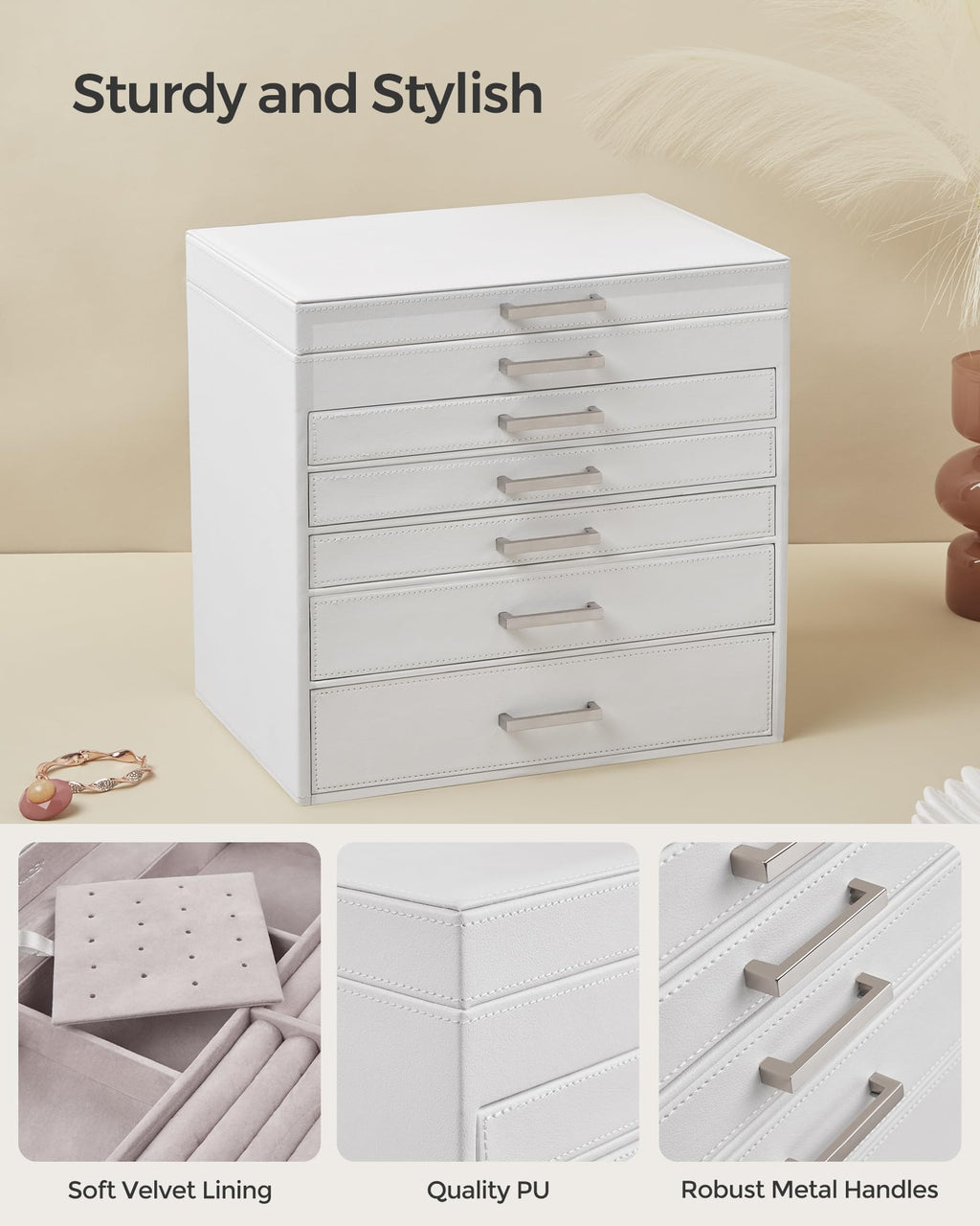 SONGMICS 3-Tier Jewelry Box, Travel Jewelry Case with Handle, 2 Drawers, Lockable Jewelry Organizer with Mirror, Jewelry Storage, Modern Style, Gift for Loved Ones, White UJBC154W01