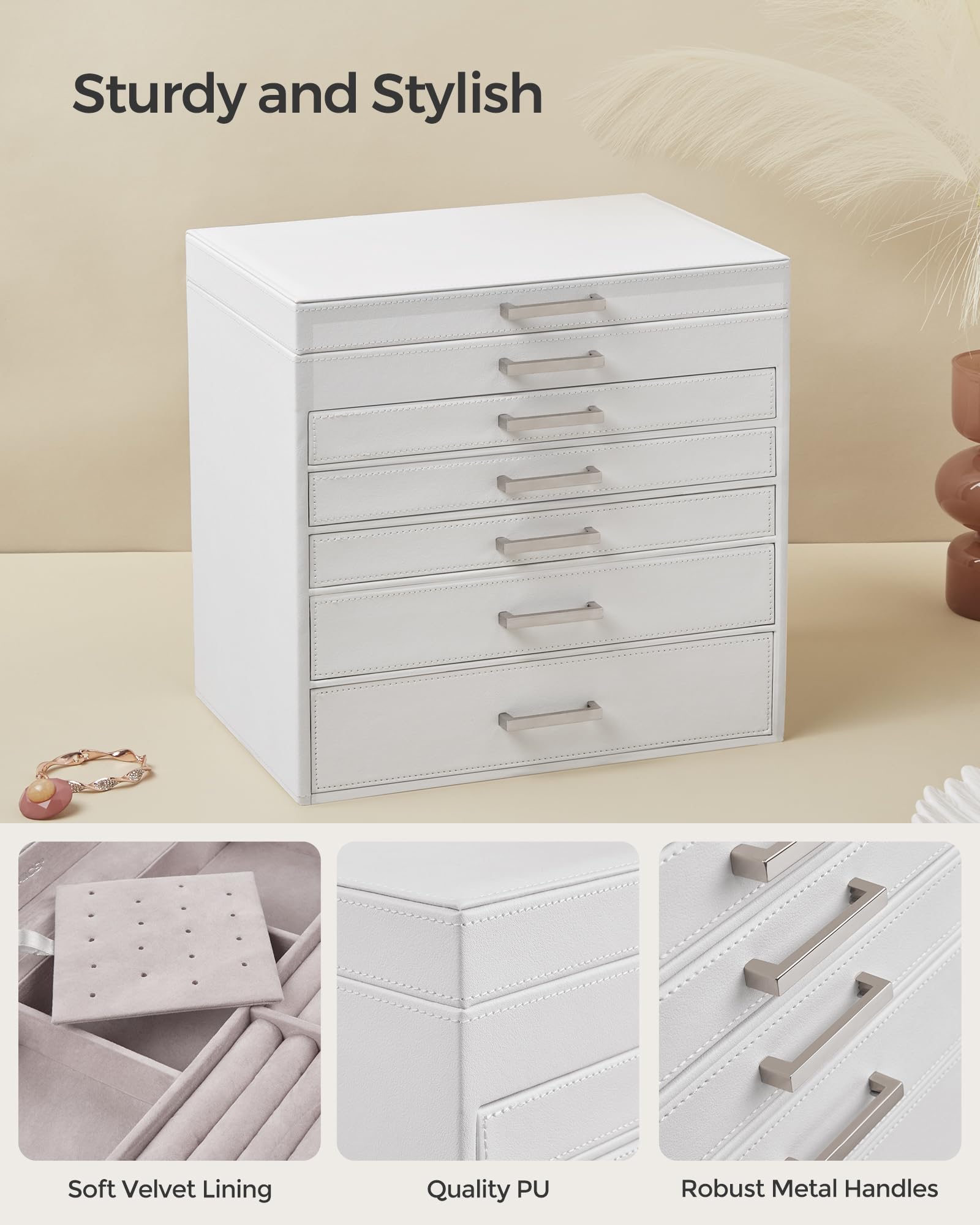 SONGMICS 3-Tier Jewelry Box, Travel Jewelry Case with Handle, 2 Drawers, Lockable Jewelry Organizer with Mirror, Jewelry Storage, Modern Style, Gift for Loved Ones, White UJBC154W01