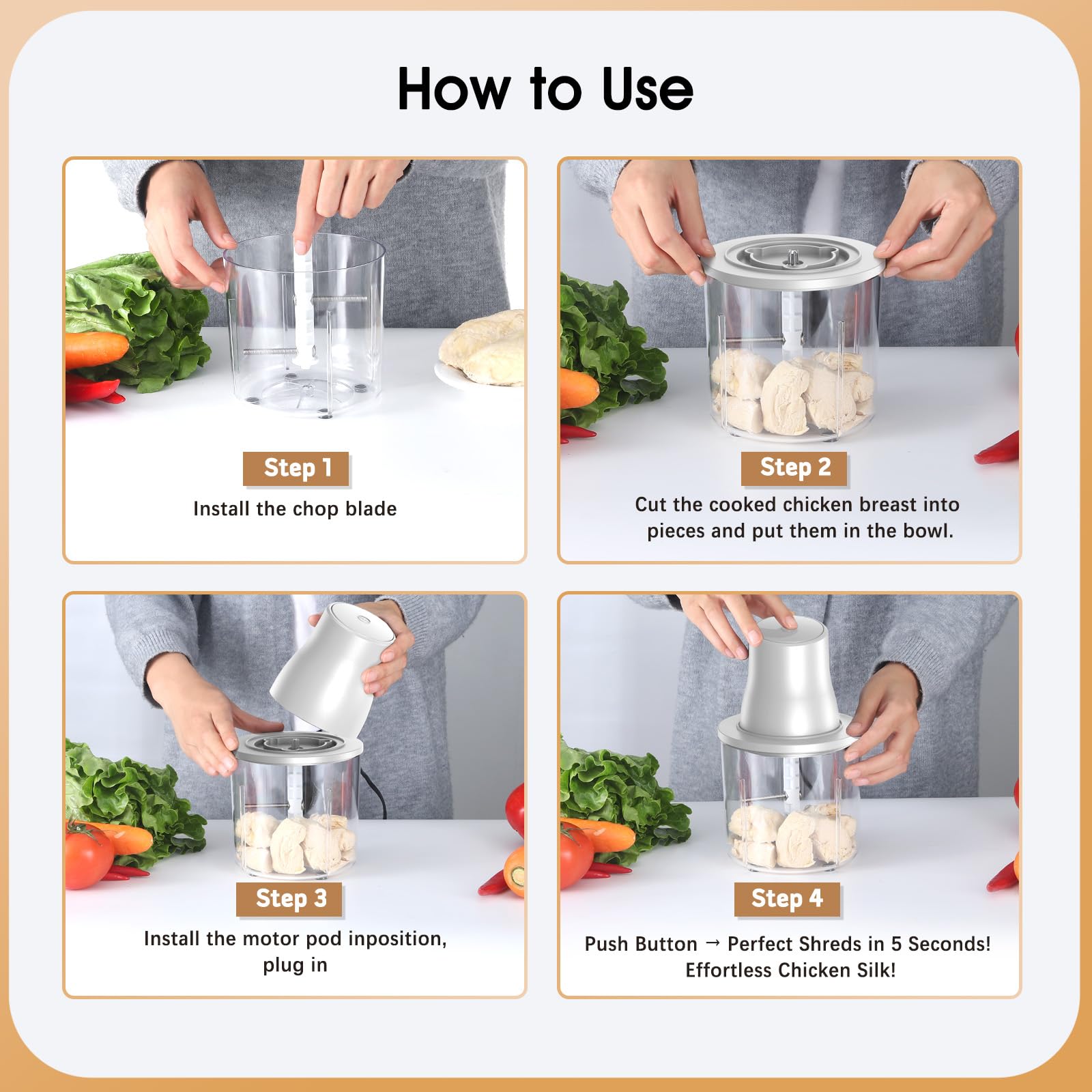 Food Processors, 2 IN 1 Electric Chicken Shredder &Food Chopper with 250W Copper Motor,1.5L Bowls & 2 Bi-Level Blades,One-Touch Electric Chicken Breast Shredder Tool-Smart Overheat Protection