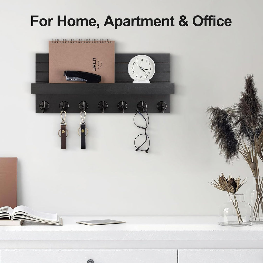Key Holder Wall Mount, Entryway Key and Mail Holder with 7 Sturdy Hooks for Sunglasses, Dog Leash, Decorative Wall Shelf with Mounting Hardware, 15”W x 6.7”H x 4.2”D