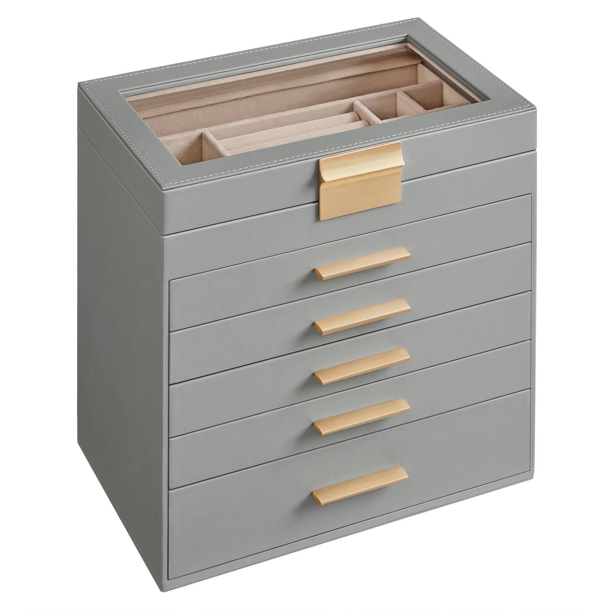 SONGMICS GISELLA Collection - Jewelry Box Organizer, 3-Layer Jewelry Storage with 2 Drawers, Shiny Metal Hardware, Glass Lid, Modern, 8 x 9.1 x 5.3 Inches, Cloud White and Gold Color UJBC239WT