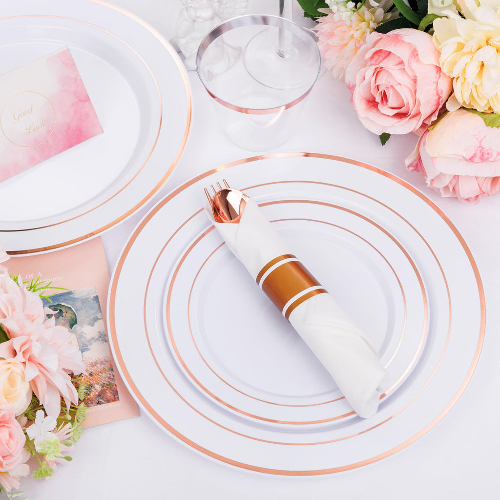 DaYammi 350PCS Gold Plastic Dinnerware Set for 50 Guests, Fancy Disposable Plates for Party, Include: 50 Dinner Plates, 50 Dessert Plates, 50 Pre Rolled Napkins with Gold Silverware, 50 Cups