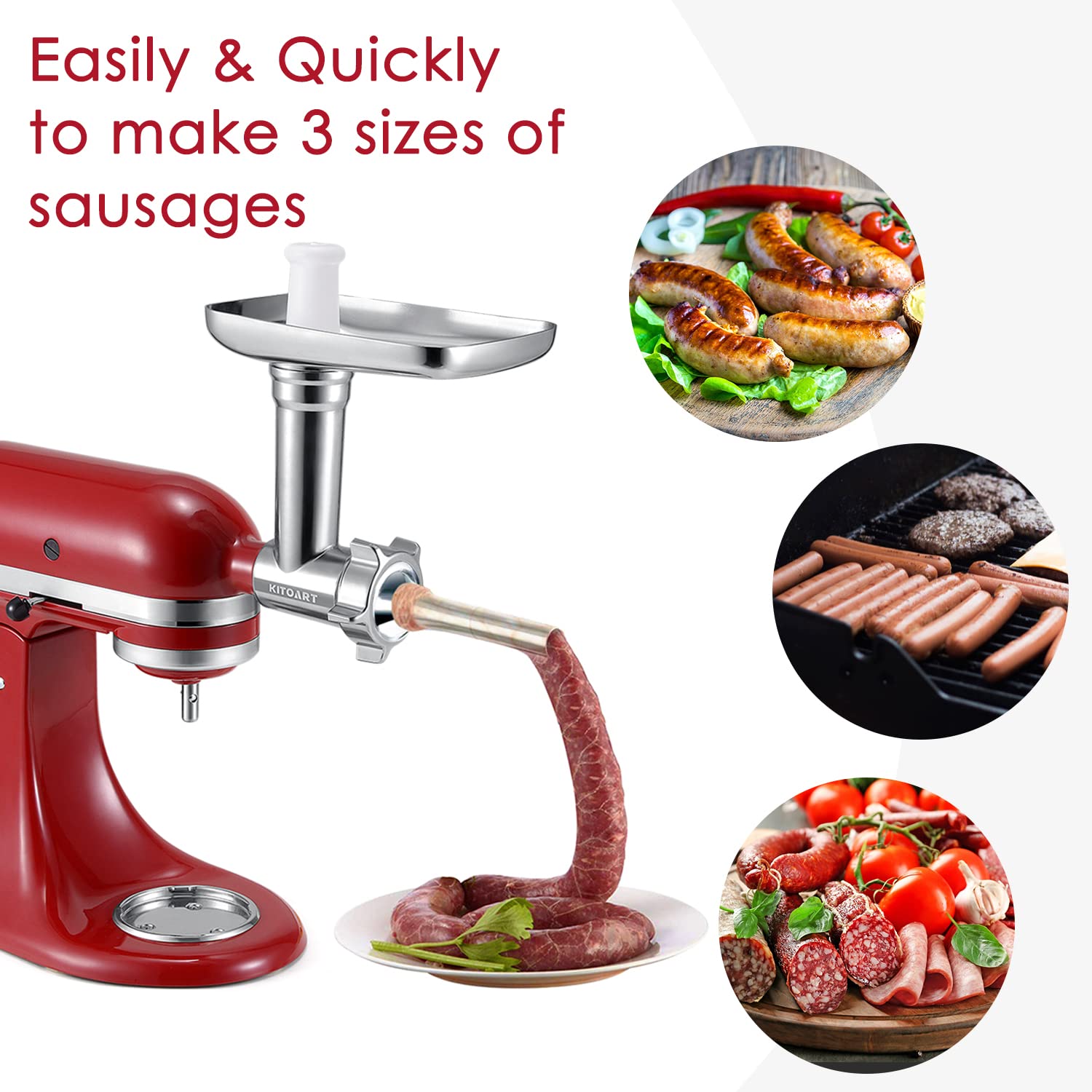 Metal Food Grinder Attachments for KitchenAid Stand Mixers, Meat Grinder, Sausage Stuffer, Perfect Mixer Attachment for KitchenAid Mixers, Silver(Machine/Mixer Not Included)