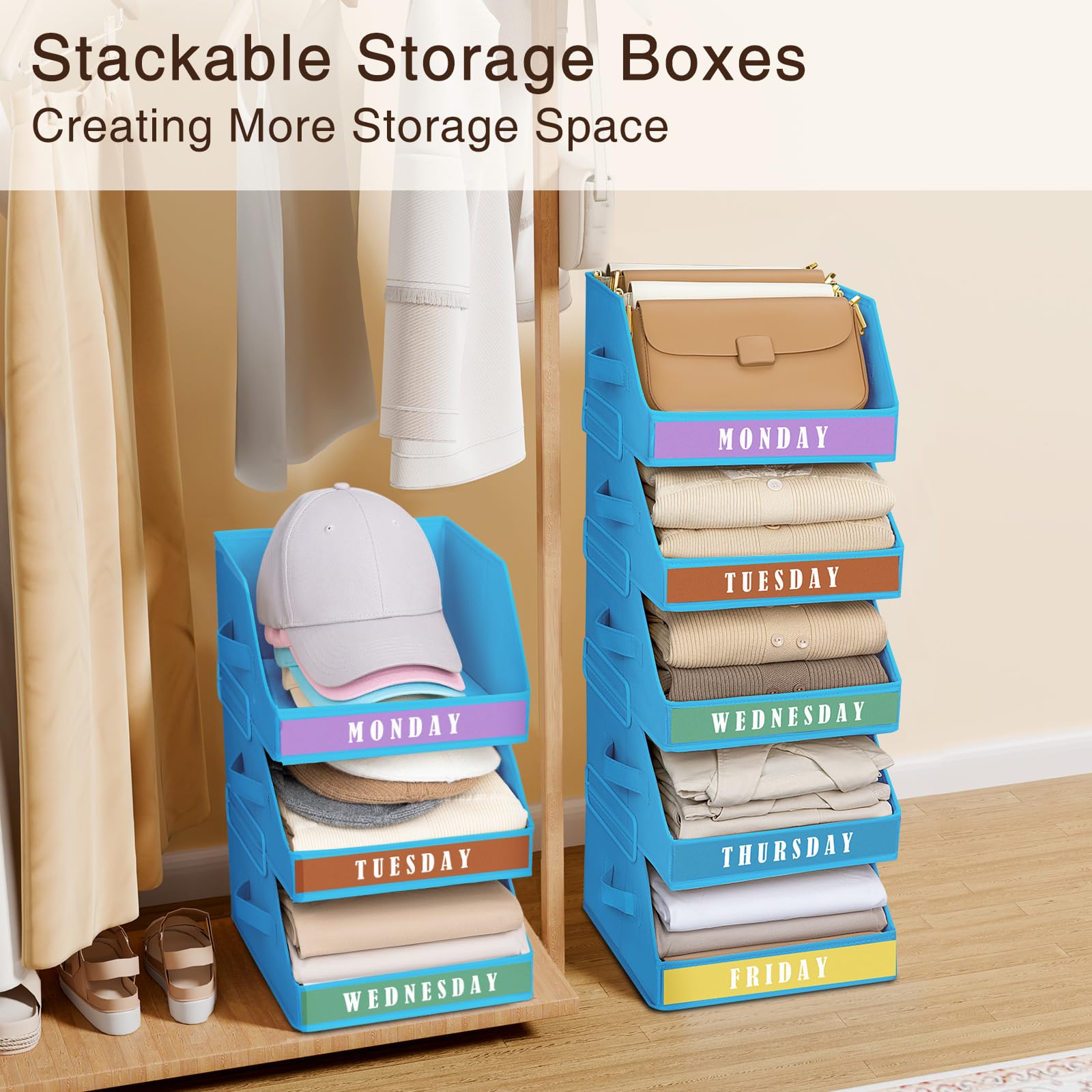 Homsorout Closet Organizers and Storage - 5 Tier Shelf Organizer with Weekly Labels, Stackable Storage Bins with Metal Frame, Foldable Cube Bins, Home Baskets for Kids and Adults, Beige