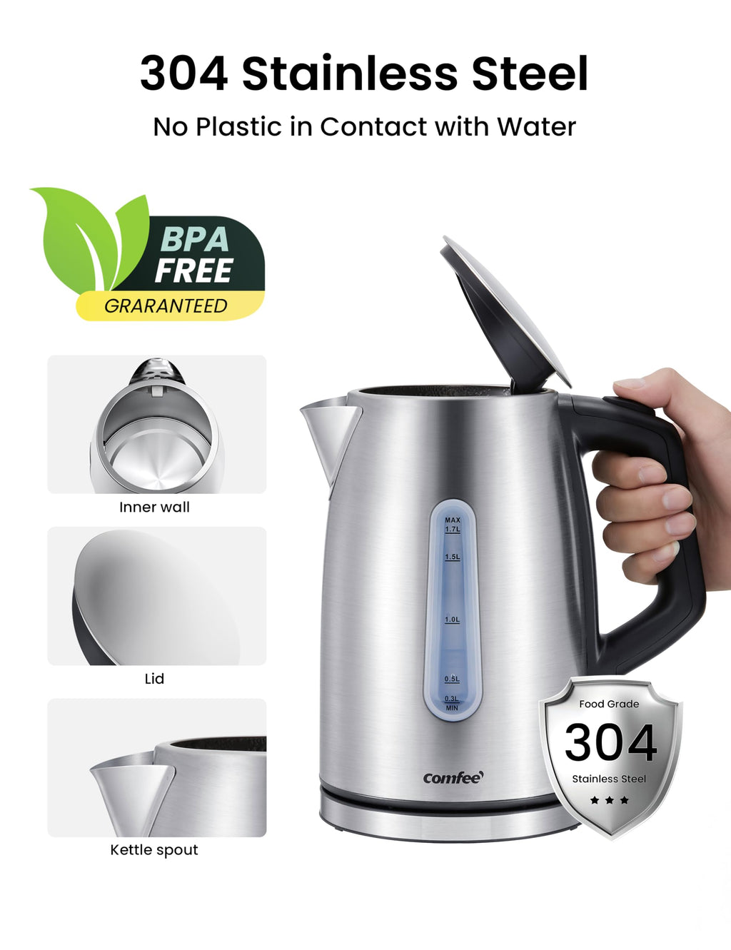 COMFEE' Stainless Steel Electric Kettle, 1.7 Liter Tea Kettle Electric & Hot Water Kettle, 1500W Fast Boil with LED Light, Auto Shut-Off and Boil-Dry Protection