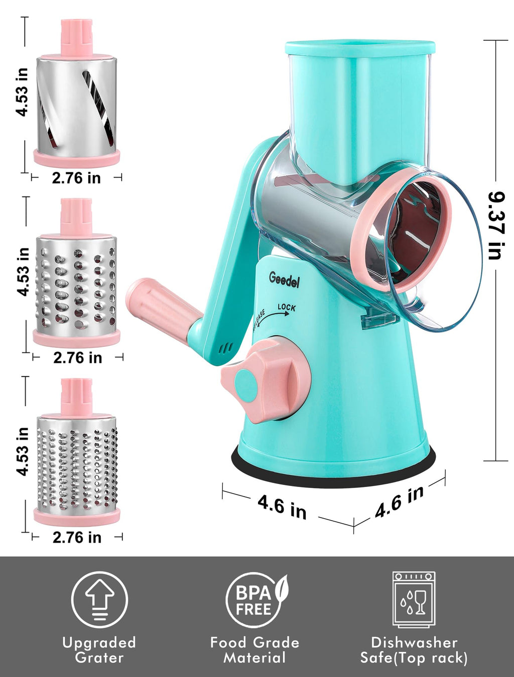 Geedel Rotary Cheese Grater, Kitchen Mandoline Vegetable Slicer with 3 Interchangeable Blades, Easy to Clean Rotary Grater Slicer for Fruit, Vegetables, Nuts