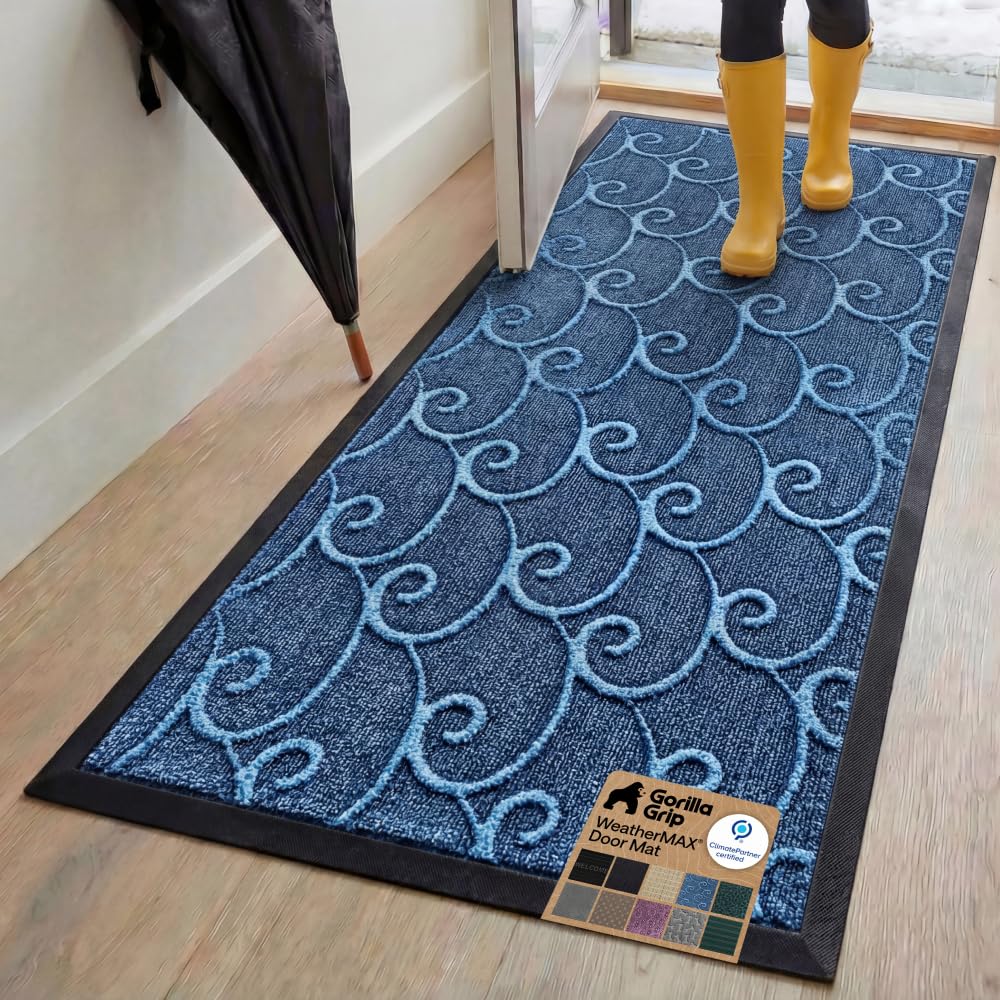 GORILLA GRIP 100% Waterproof All-Season WeatherMAX Doormat US Designed Natural Rubber, Stain Fade Resistant, Low Profile Indoor Outdoor Front Door Mats Outside Entrance, Easy Clean 29x17 Gray Diamond