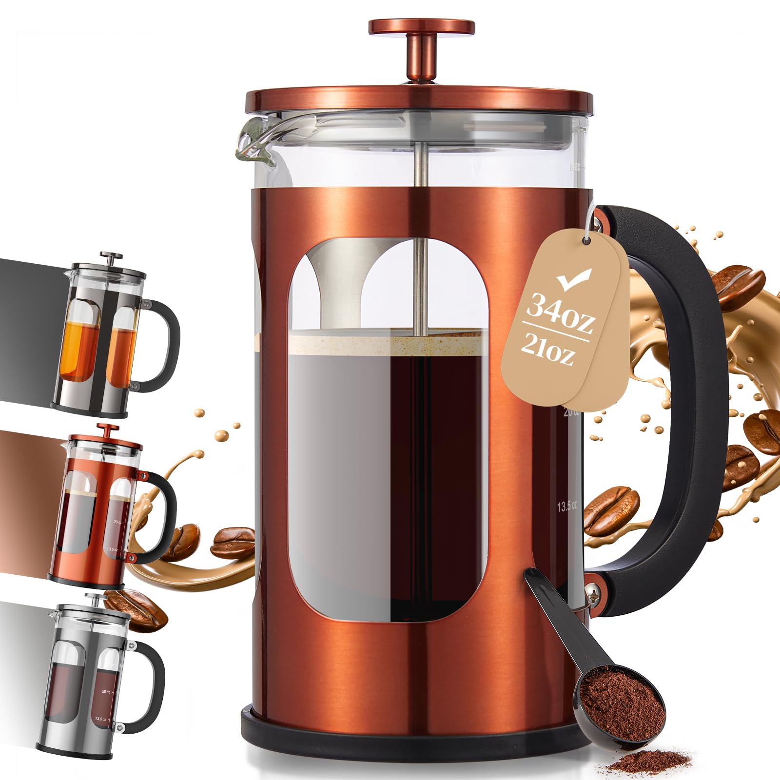 Veken French Press Coffee Maker 21oz 0.6 L, Single Serve Small Pot, Heat Resistant Thickened Borosilicate Glass, Stainless Steel Brewer, Cold Brew Cafetera Teapot for Kitchen Travel Camping, Copper
