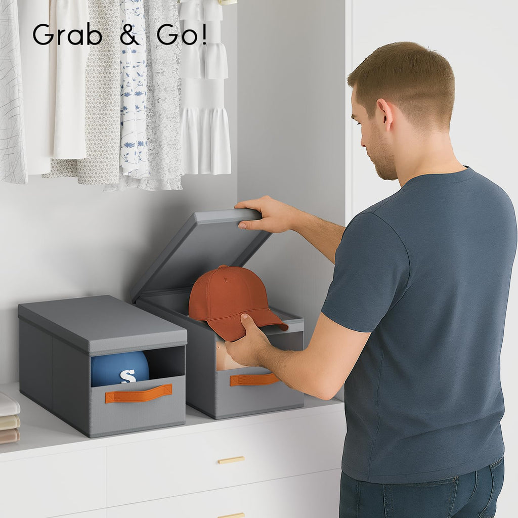 Homsorout Hat Organizer for Baseball Caps - 3 Pack Stackable Foldable Protective Lids Hat Storage Box with Clear Window Baseball cap organizer for Closet, Bedroom, Rv, Grey