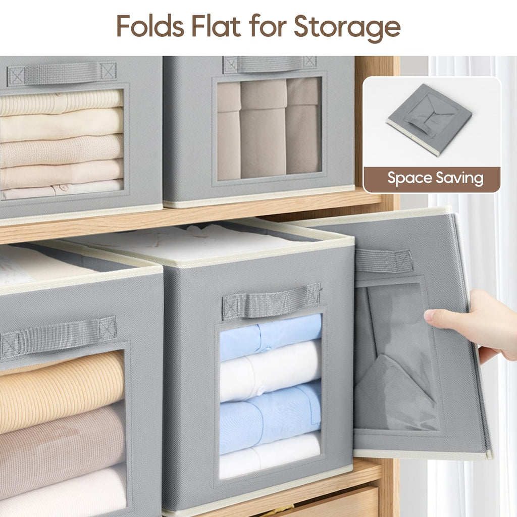Homsorout Storage Cube 11 Inch - Cube Storage Bins with Window, Closet Storage Baskets with Handle, Fabric Bins for Closet, Shelves, Toys, Clothes, Set of 6, Grey