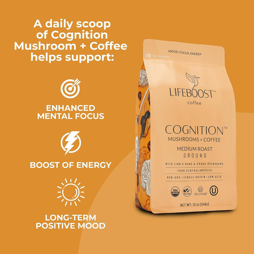 Lifeboost Cognition Mushroom Ground Coffee, Organic Low Acid, 12oz