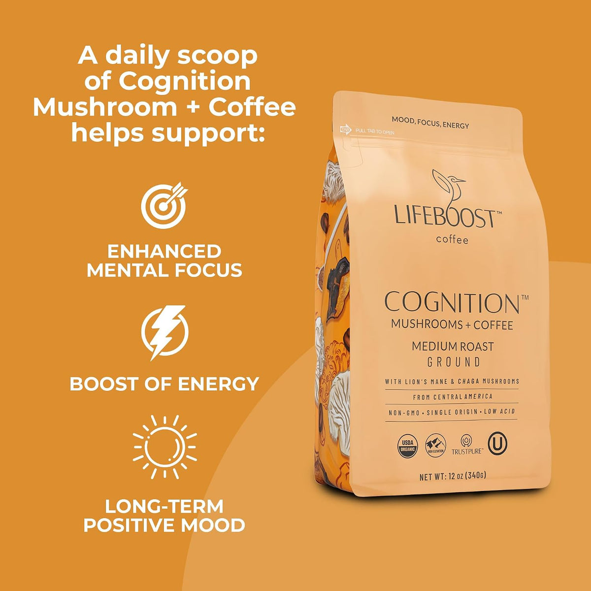 Lifeboost Cognition Mushroom Ground Coffee, Organic Low Acid, 12oz