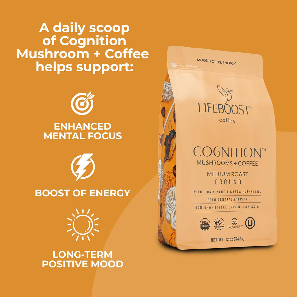Lifeboost Cognition Mushroom Ground Coffee, Organic Low Acid, 12oz