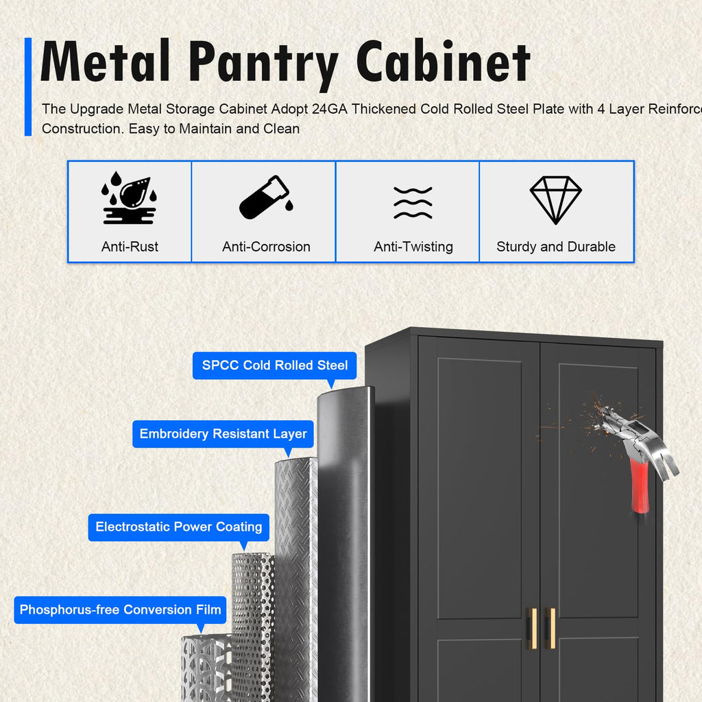 Polup White Kitchen Pantry Cabinet, 71 Inch Tall Metal Storage Cabinet with Doors and Shelves, Pantry Cabinets for Kitchen Storage, Freestanding Cupboard for Living, Dining Room, Assemble Required