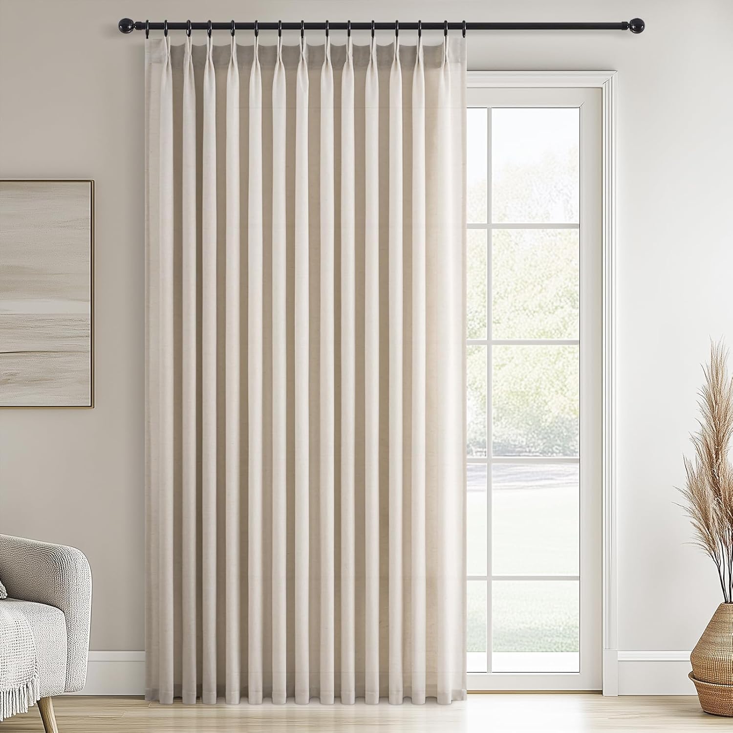 96 Inches Long Pleated Sheer Curtains,Dark Linen Blended Light Filtering Window Curtains 96 Length 2 Panels for Living Room Bedroom Pinch Pleat Drapes with Hooks 2 Panels 40" Wx96 L,Light Brown