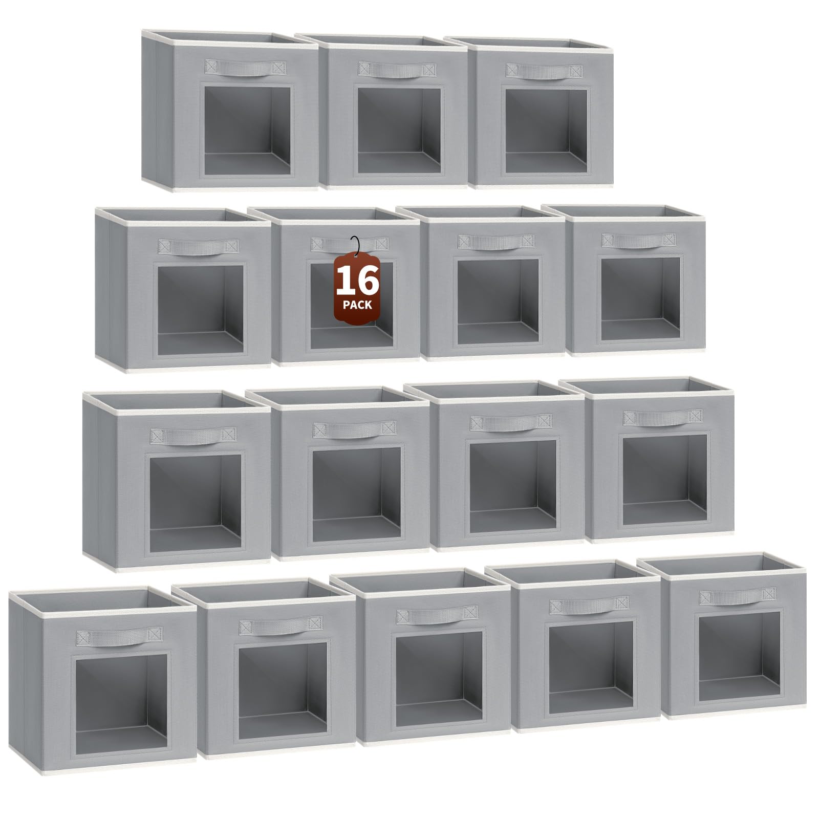 Homsorout Storage Cube 11 Inch - Cube Storage Bins with Window, Closet Storage Baskets with Handle, Fabric Bins for Closet, Shelves, Toys, Clothes, Set of 6, Grey