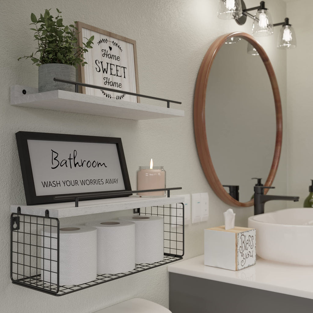 WOPITUES Floating Shelves for Wall Decor Sign, Bathroom Organizers and Storage, Bathroom Shelves Over Toilet with Metal Guardrail-Black