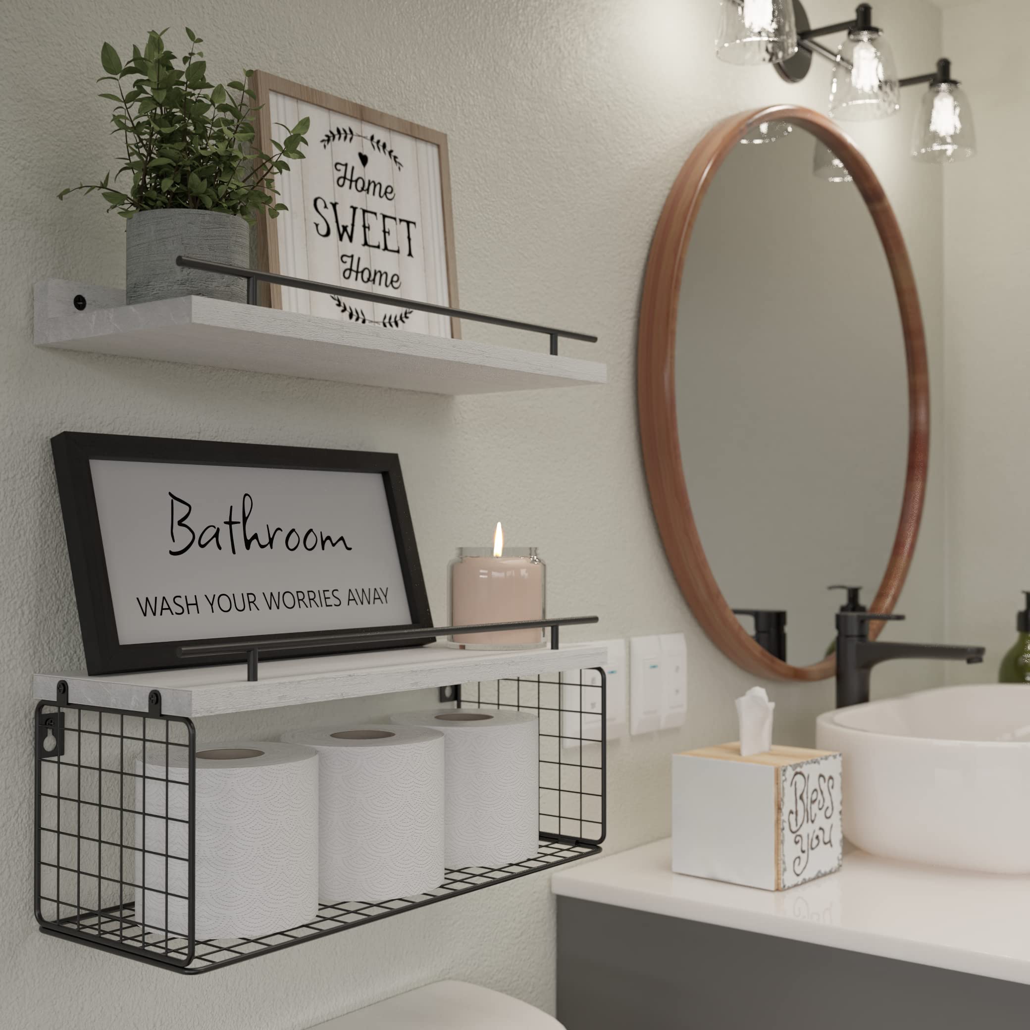 WOPITUES Floating Shelves for Wall Decor Sign, Bathroom Organizers and Storage, Bathroom Shelves Over Toilet with Metal Guardrail-Black