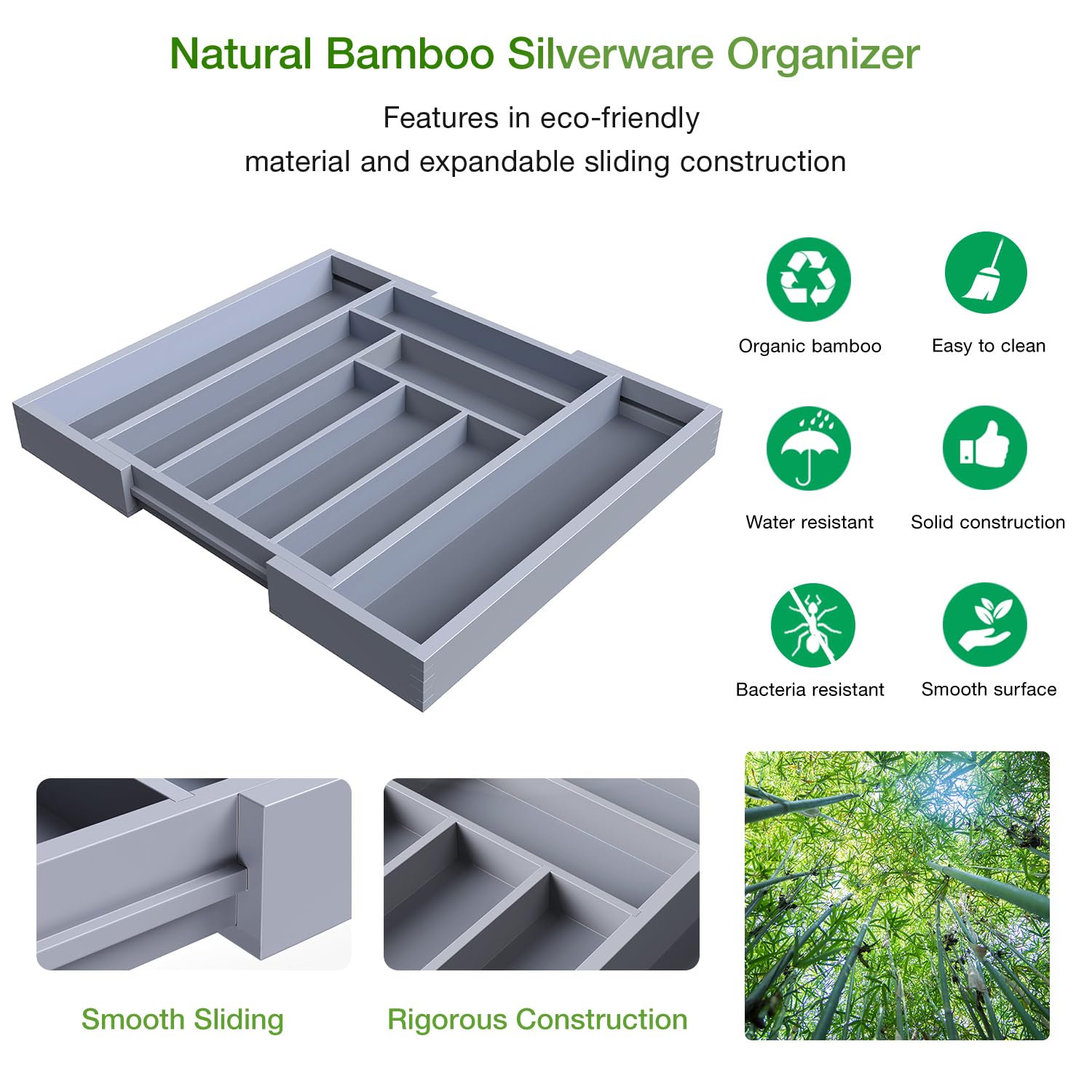 Pipishell Bamboo Expandable Silverware Drawer Organizer, Adjustable Kitchen Utensil Tray for Forks, Spoons and Knives, Wood Storage Cutlery Holder for Bedroom and Living Room