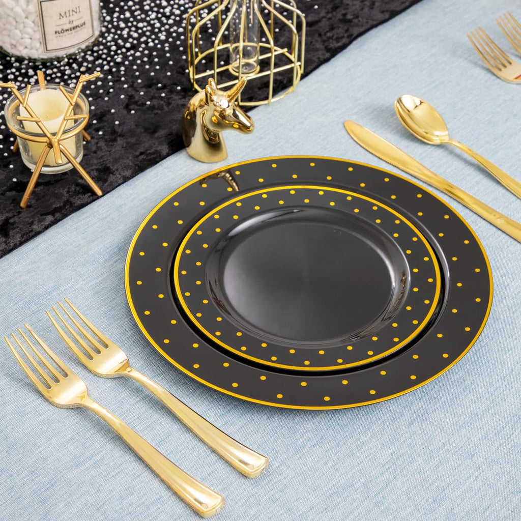 DaYammi 150Pcs Gold Plastic Plates with Disposable Silverware,White Gold Disposable Dinnerware Set - 30 Dinner Plate,30 Dessert Plate,90 Gold Cutlery with White Handles,Fancy Plates for Party Wedding